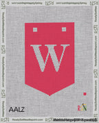 A taped needlepoint canvas with the design: Banner 18 mesh count Pointed W White on Red.