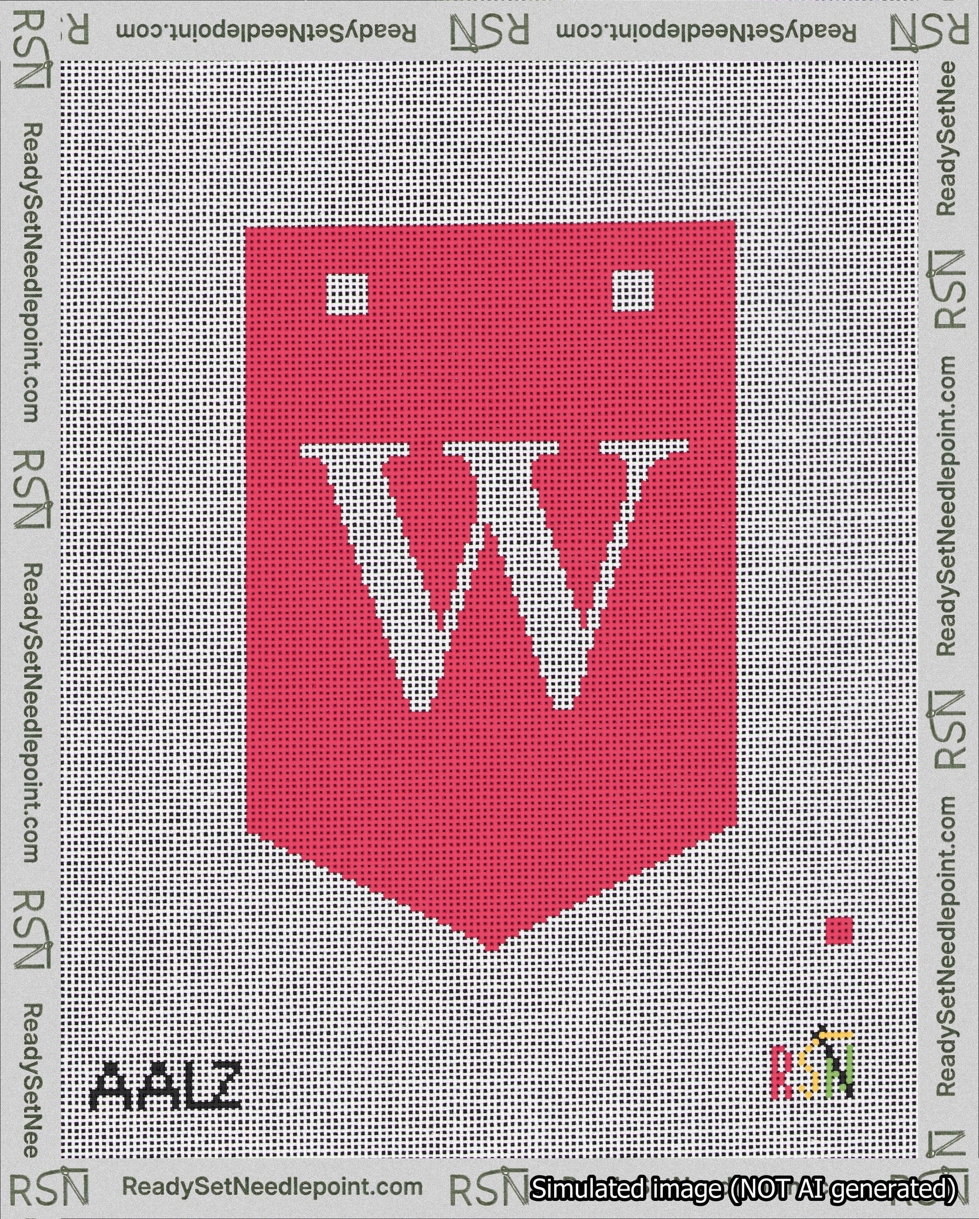 A taped needlepoint canvas with the design: Banner 18 mesh count Pointed W White on Red.
