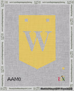 A taped needlepoint canvas with the design: Banner 18 mesh count Pointed W White on Yellow.