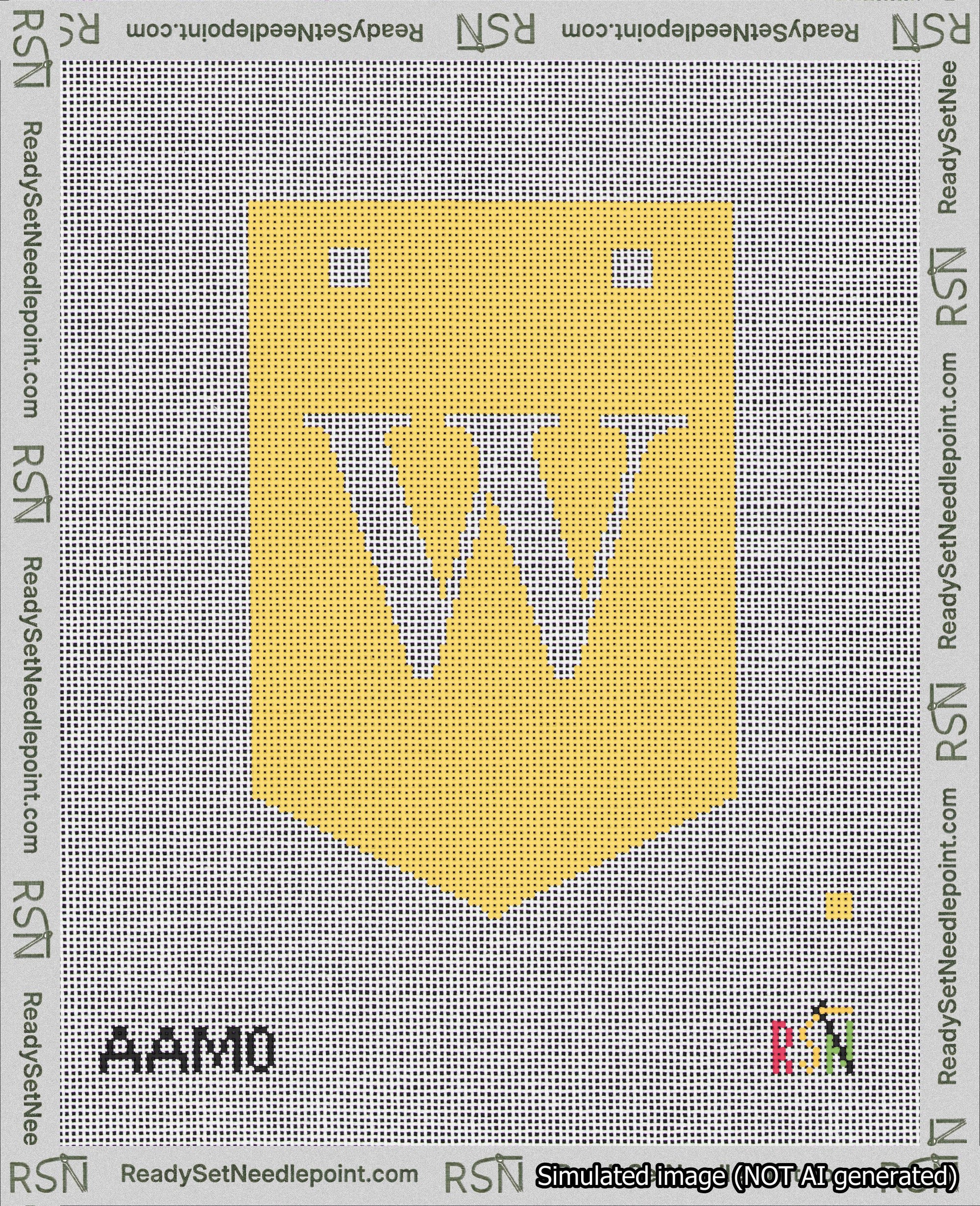A taped needlepoint canvas with the design: Banner 18 mesh count Pointed W White on Yellow.