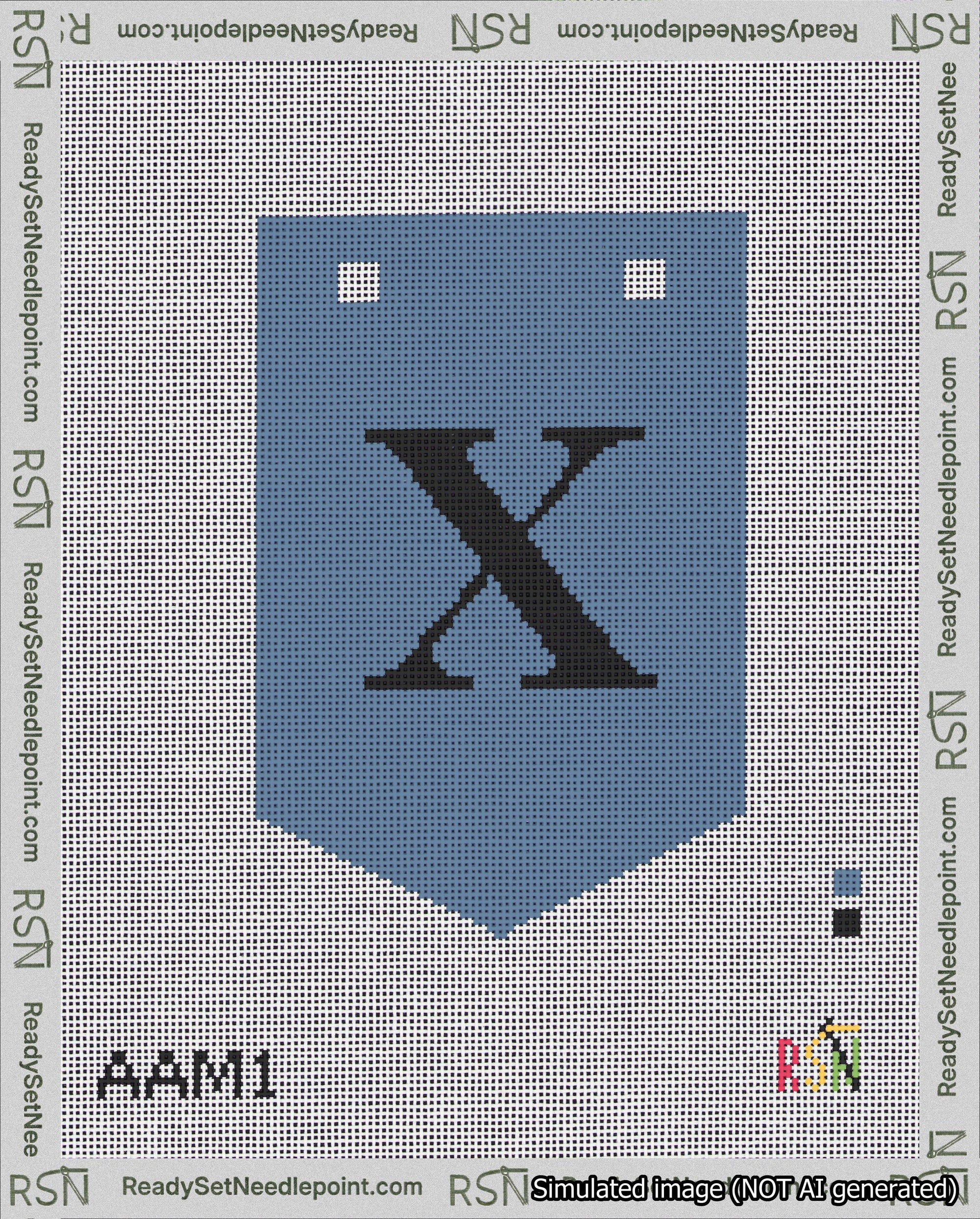 A taped needlepoint canvas with the design: Banner 18 mesh count Pointed X Black on Blue.