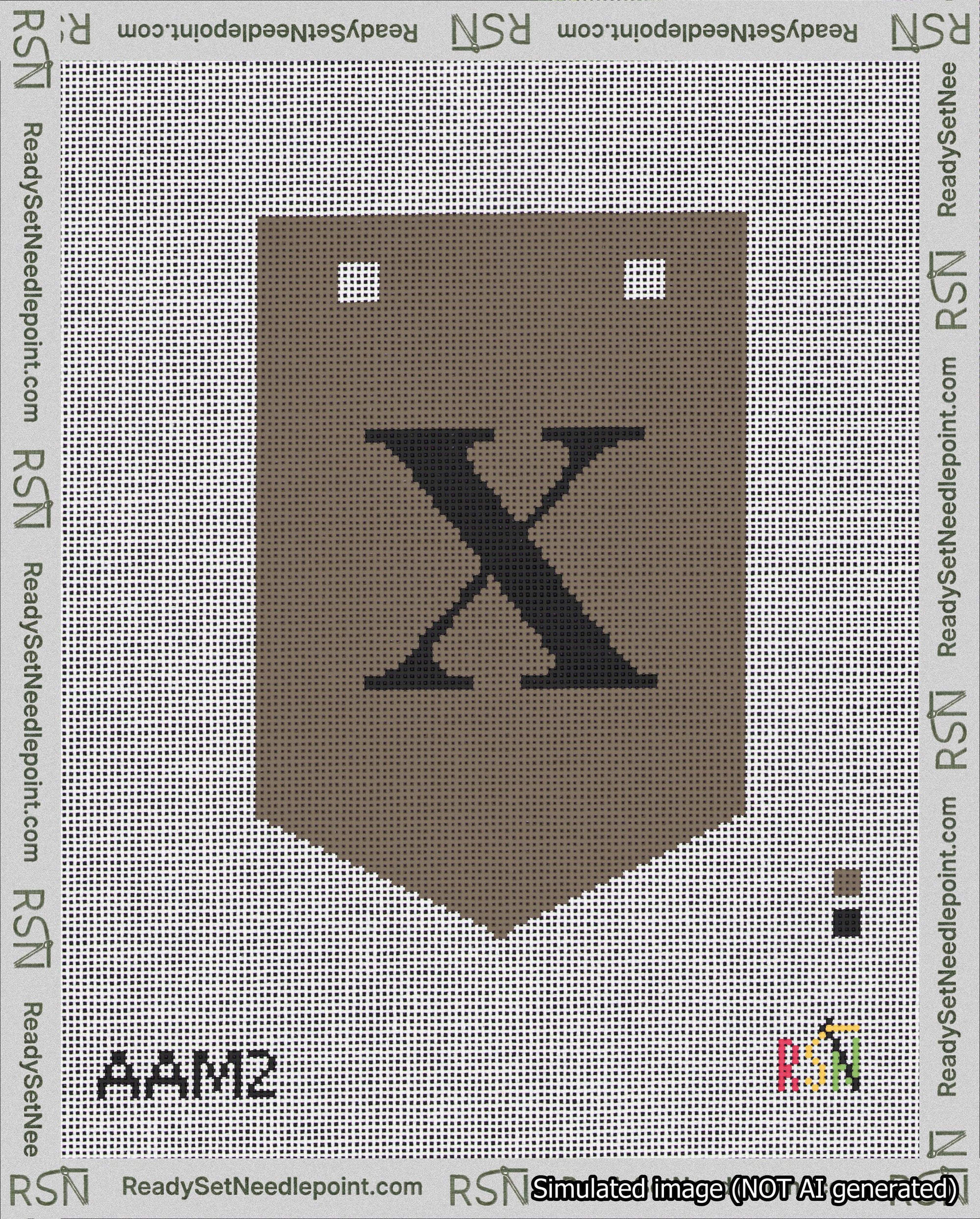 A taped needlepoint canvas with the design: Banner 18 mesh count Pointed X Black on Brown.