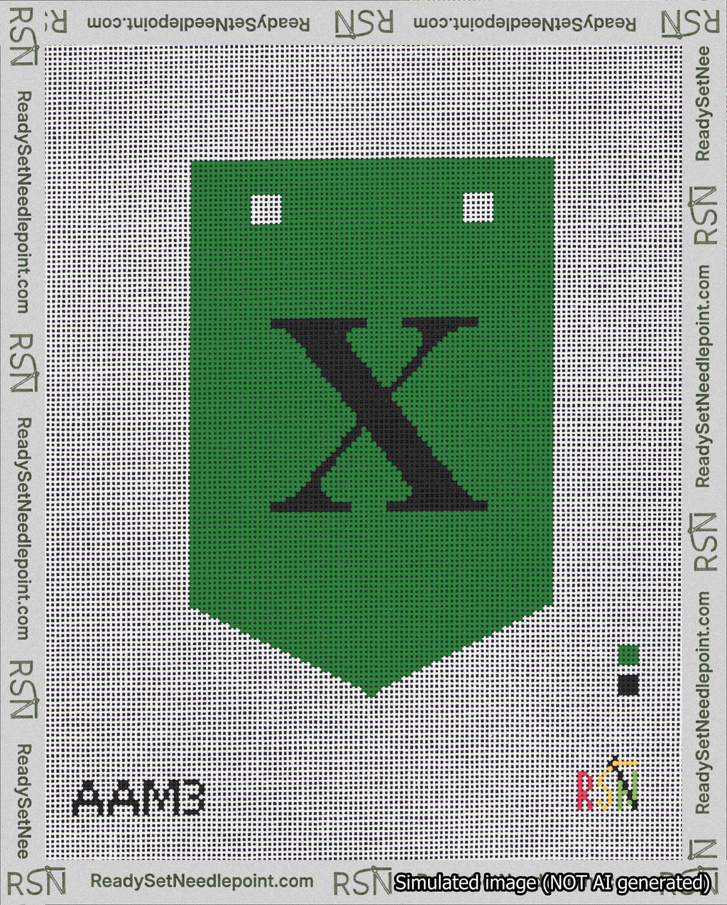 A taped needlepoint canvas with the design: Banner 18 mesh count Pointed X Black on Green.