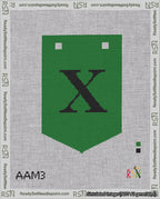 A taped needlepoint canvas with the design: Banner 18 mesh count Pointed X Black on Green.