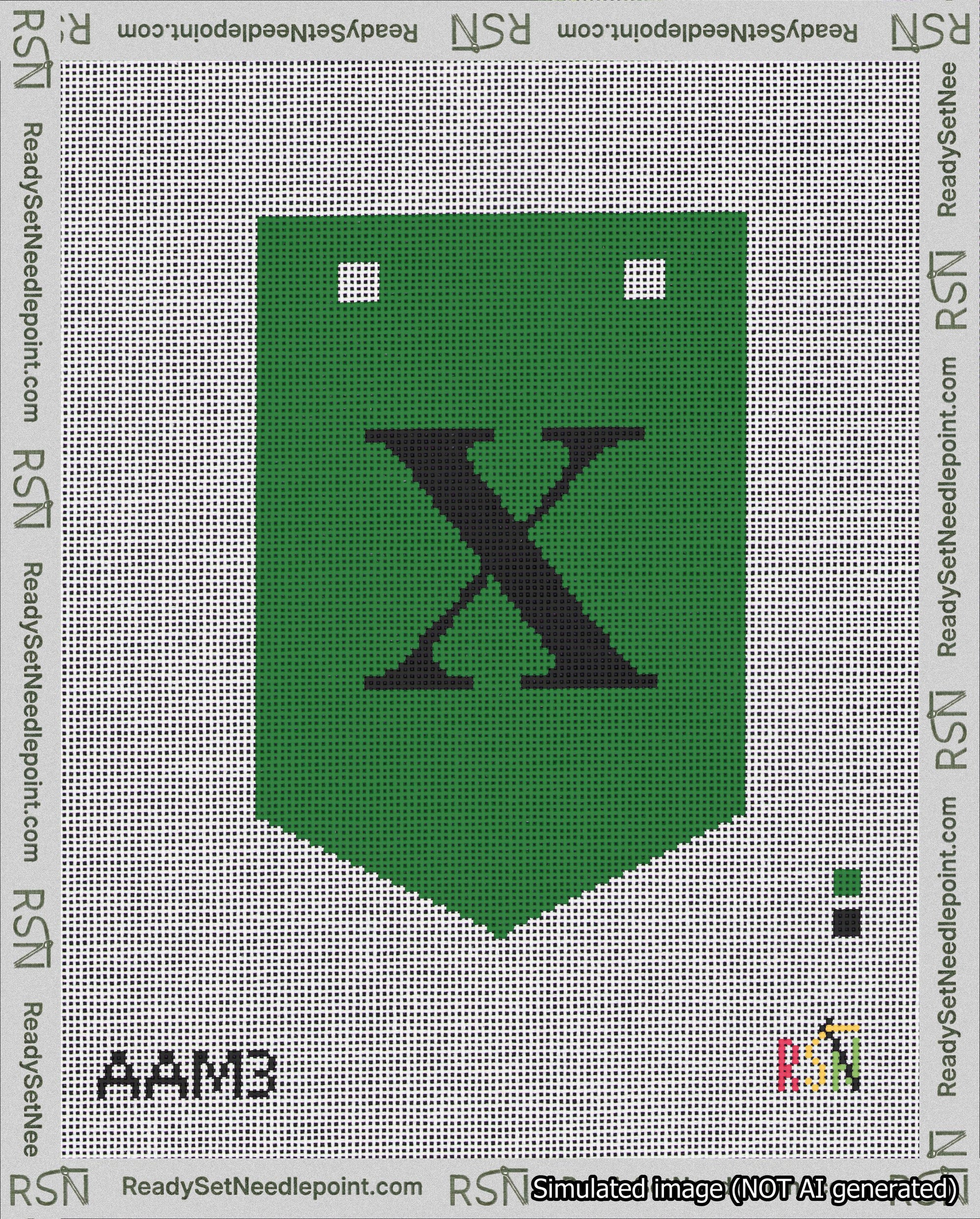 A taped needlepoint canvas with the design: Banner 18 mesh count Pointed X Black on Green.