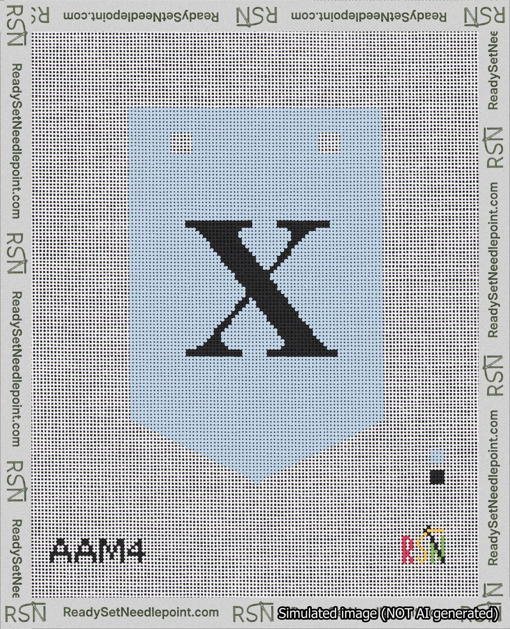 A taped needlepoint canvas with the design: Banner 18 mesh count Pointed X Black on Light Blue.