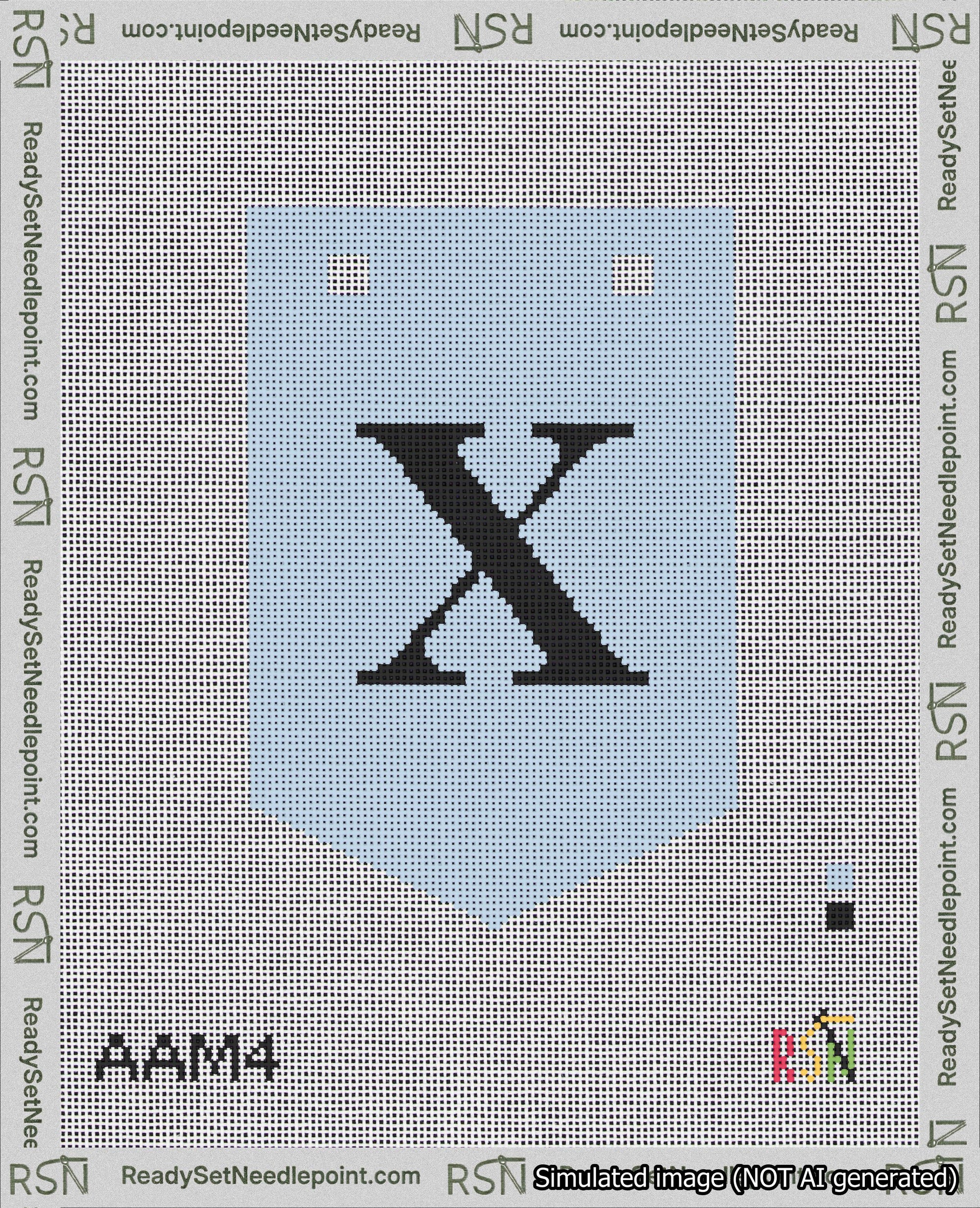 A taped needlepoint canvas with the design: Banner 18 mesh count Pointed X Black on Light Blue.