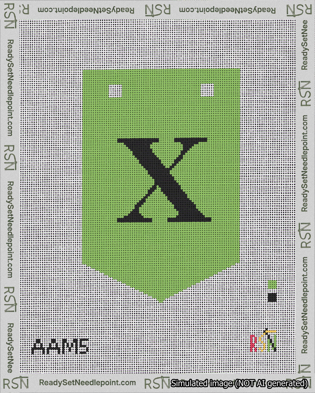 A taped needlepoint canvas with the design: Banner 18 mesh count Pointed X Black on Light Green.