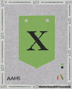 A taped needlepoint canvas with the design: Banner 18 mesh count Pointed X Black on Light Green.