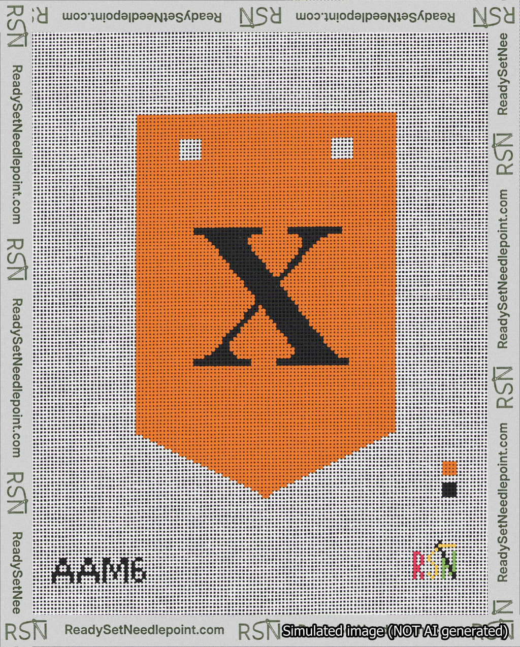 A taped needlepoint canvas with the design: Banner 18 mesh count Pointed X Black on Orange.