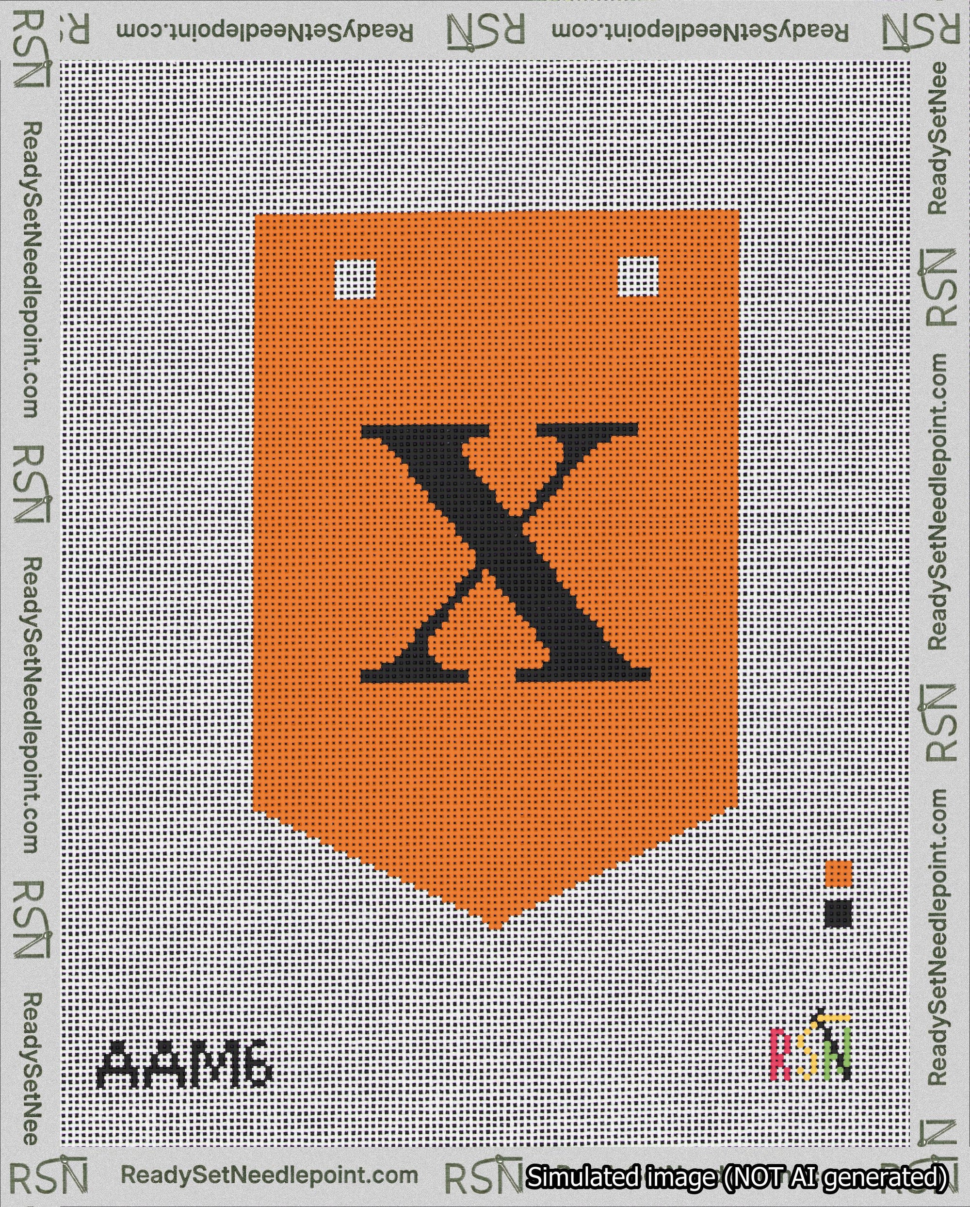 A taped needlepoint canvas with the design: Banner 18 mesh count Pointed X Black on Orange.