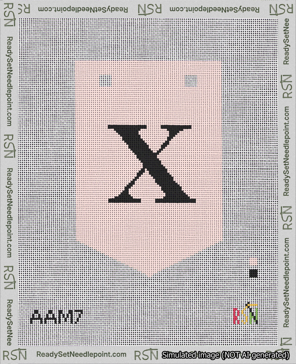 A taped needlepoint canvas with the design: Banner 18 mesh count Pointed X Black on Pink.
