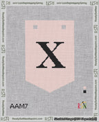 A taped needlepoint canvas with the design: Banner 18 mesh count Pointed X Black on Pink.