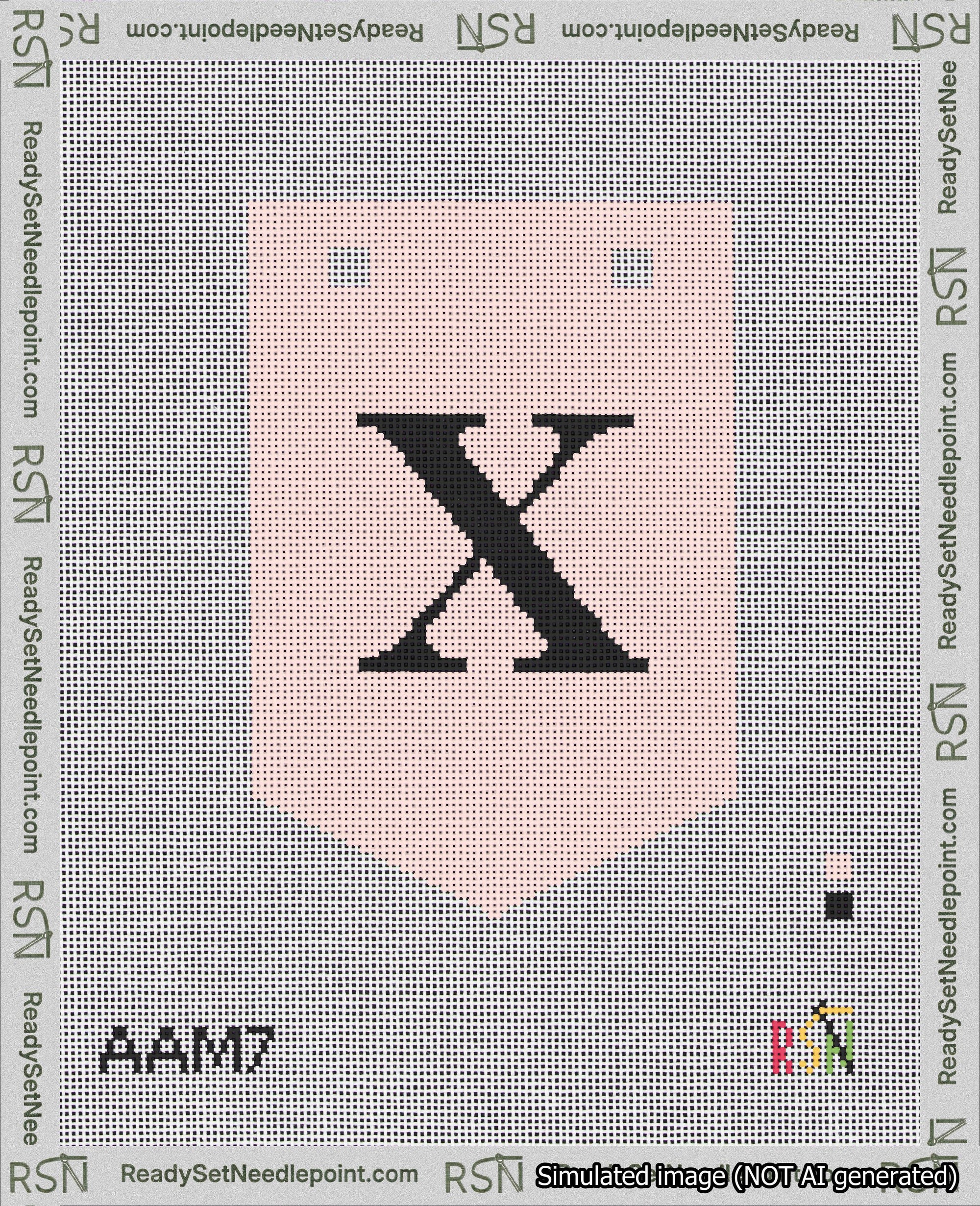 A taped needlepoint canvas with the design: Banner 18 mesh count Pointed X Black on Pink.