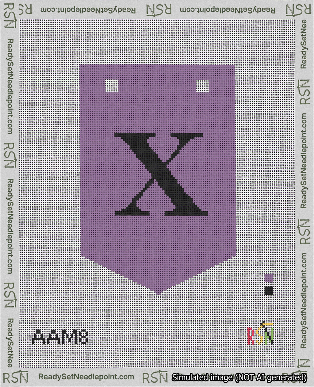 A taped needlepoint canvas with the design: Banner 18 mesh count Pointed X Black on Purple.