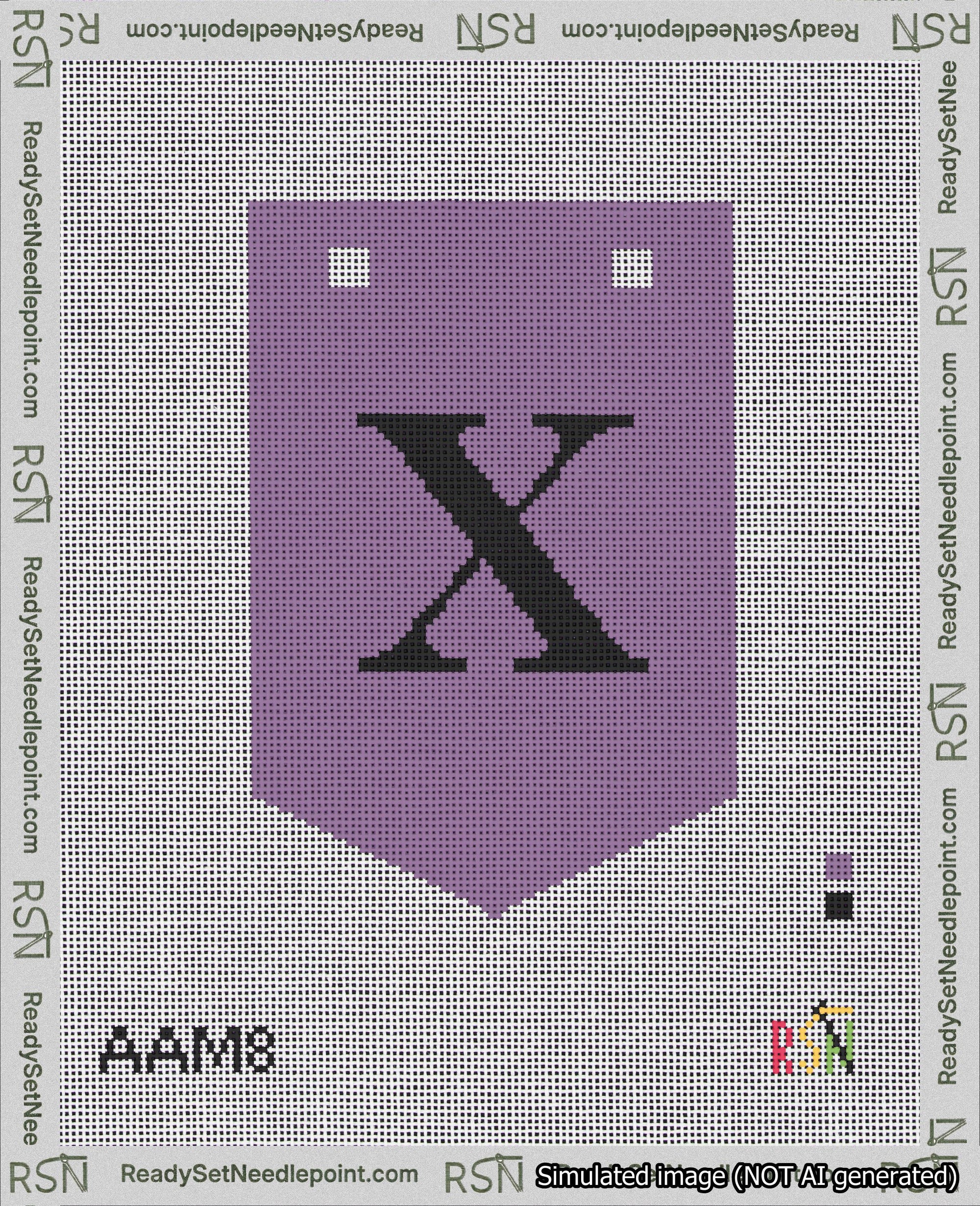 A taped needlepoint canvas with the design: Banner 18 mesh count Pointed X Black on Purple.