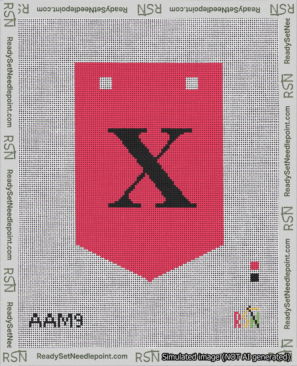 A taped needlepoint canvas with the design: Banner 18 mesh count Pointed X Black on Red.