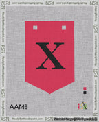 A taped needlepoint canvas with the design: Banner 18 mesh count Pointed X Black on Red.