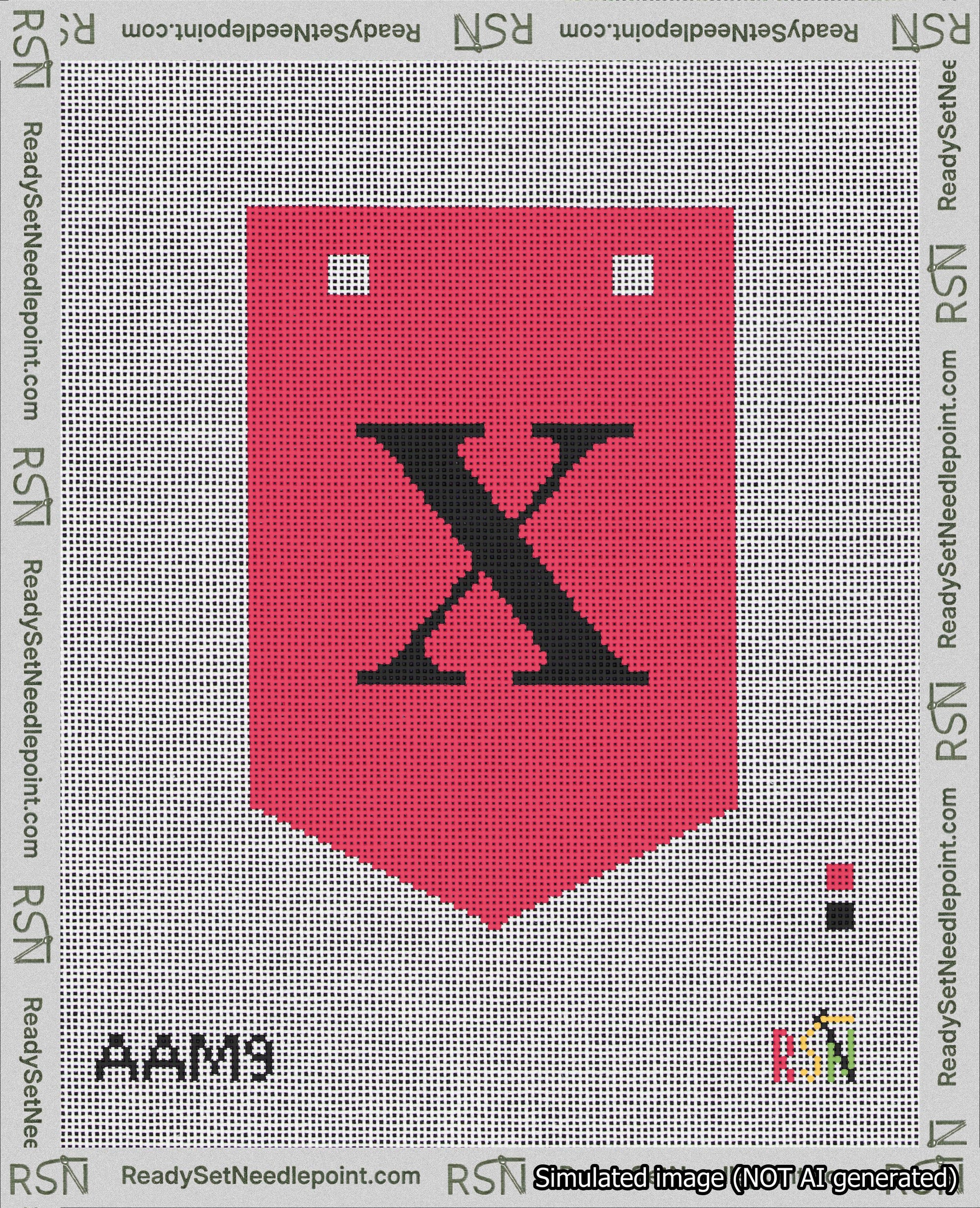 A taped needlepoint canvas with the design: Banner 18 mesh count Pointed X Black on Red.