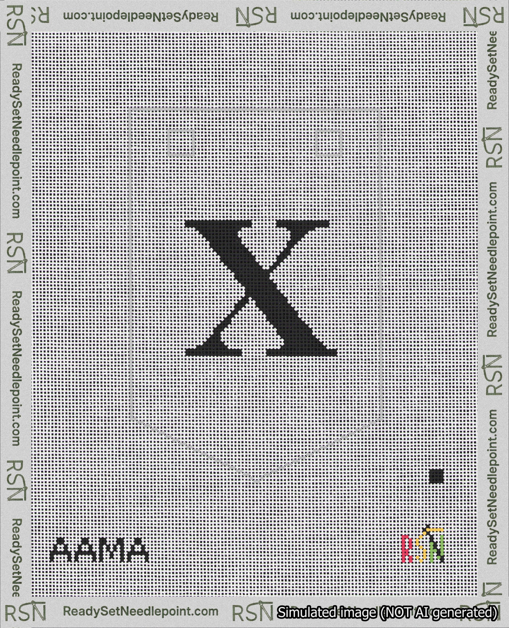 A taped needlepoint canvas with the design: Banner 18 mesh count Pointed X Black on White.