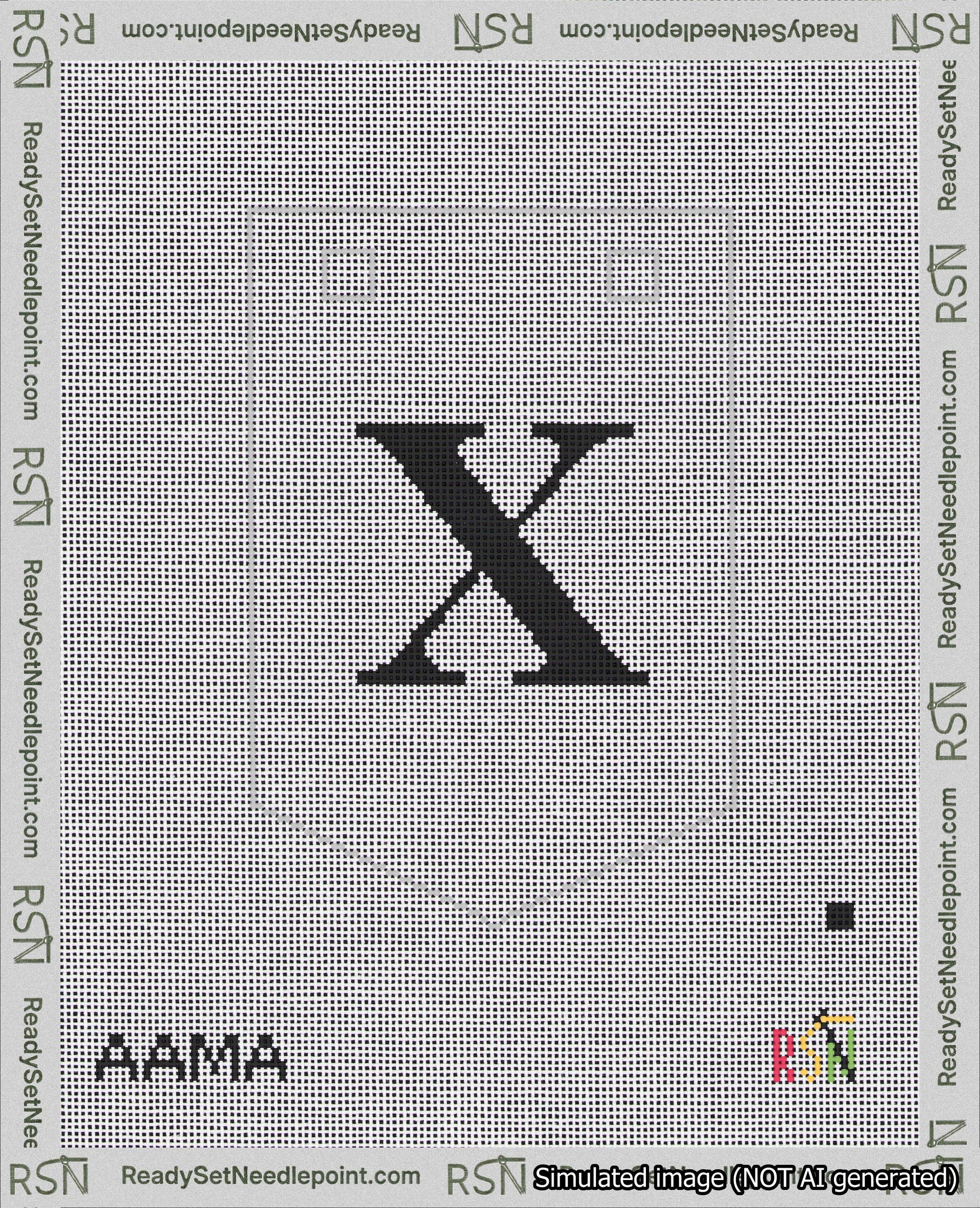 A taped needlepoint canvas with the design: Banner 18 mesh count Pointed X Black on White.