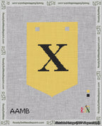 A taped needlepoint canvas with the design: Banner 18 mesh count Pointed X Black on Yellow.