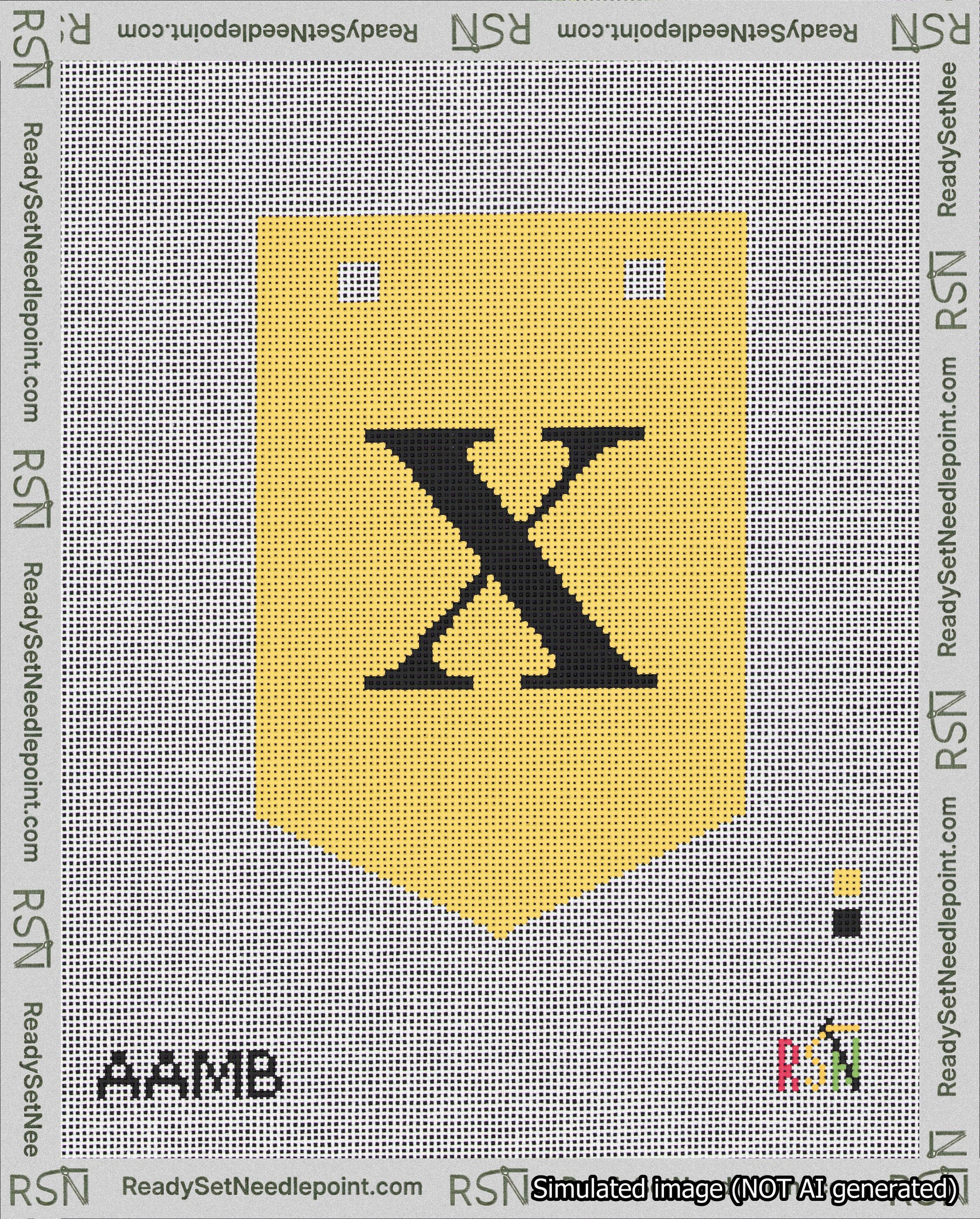 A taped needlepoint canvas with the design: Banner 18 mesh count Pointed X Black on Yellow.