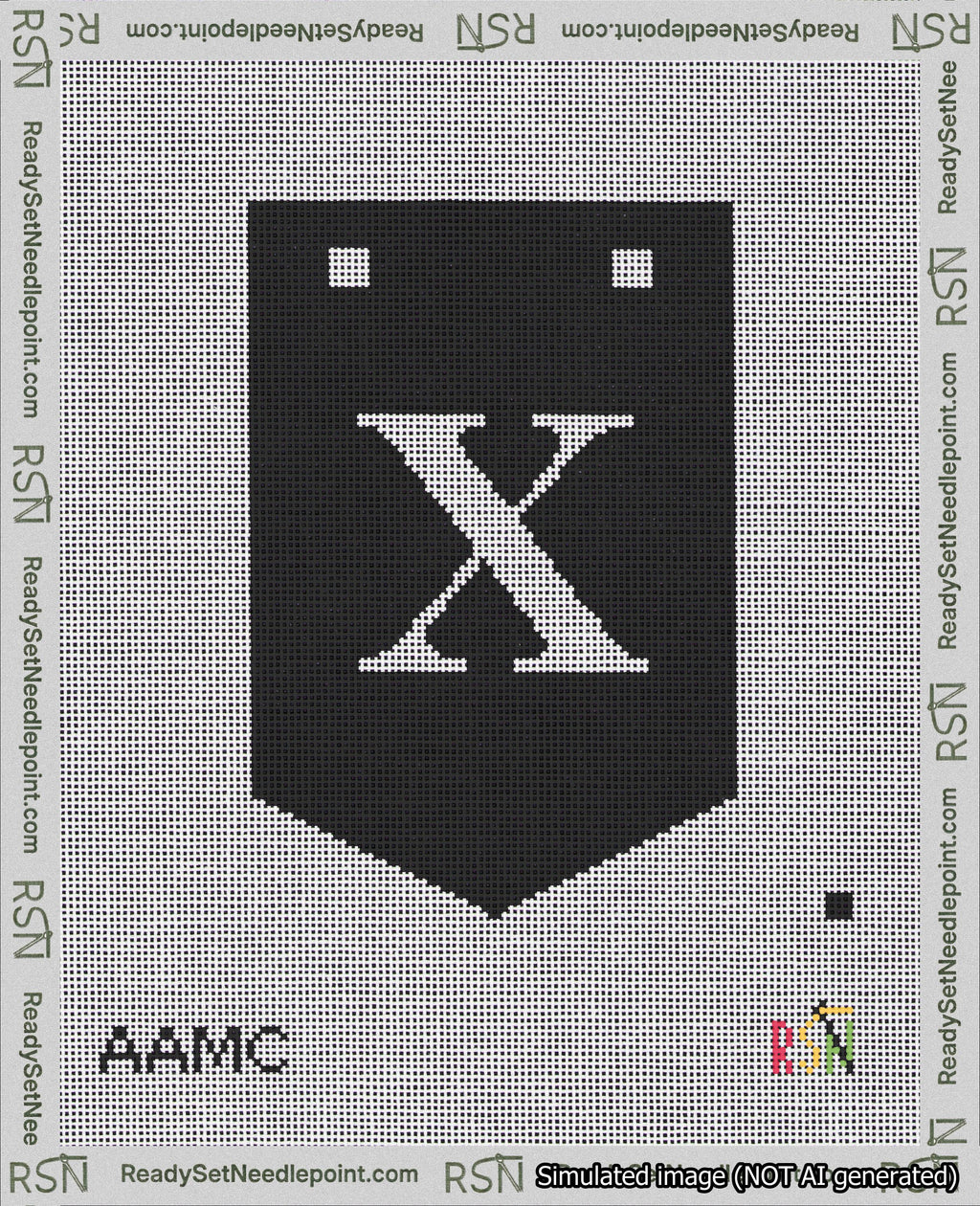 A taped needlepoint canvas with the design: Banner 18 mesh count Pointed X White on Black.
