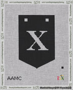 A taped needlepoint canvas with the design: Banner 18 mesh count Pointed X White on Black.