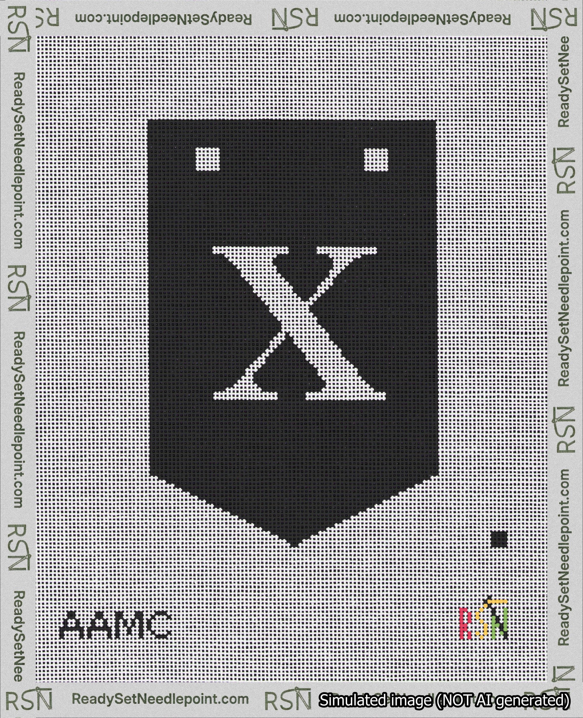 A taped needlepoint canvas with the design: Banner 18 mesh count Pointed X White on Black.