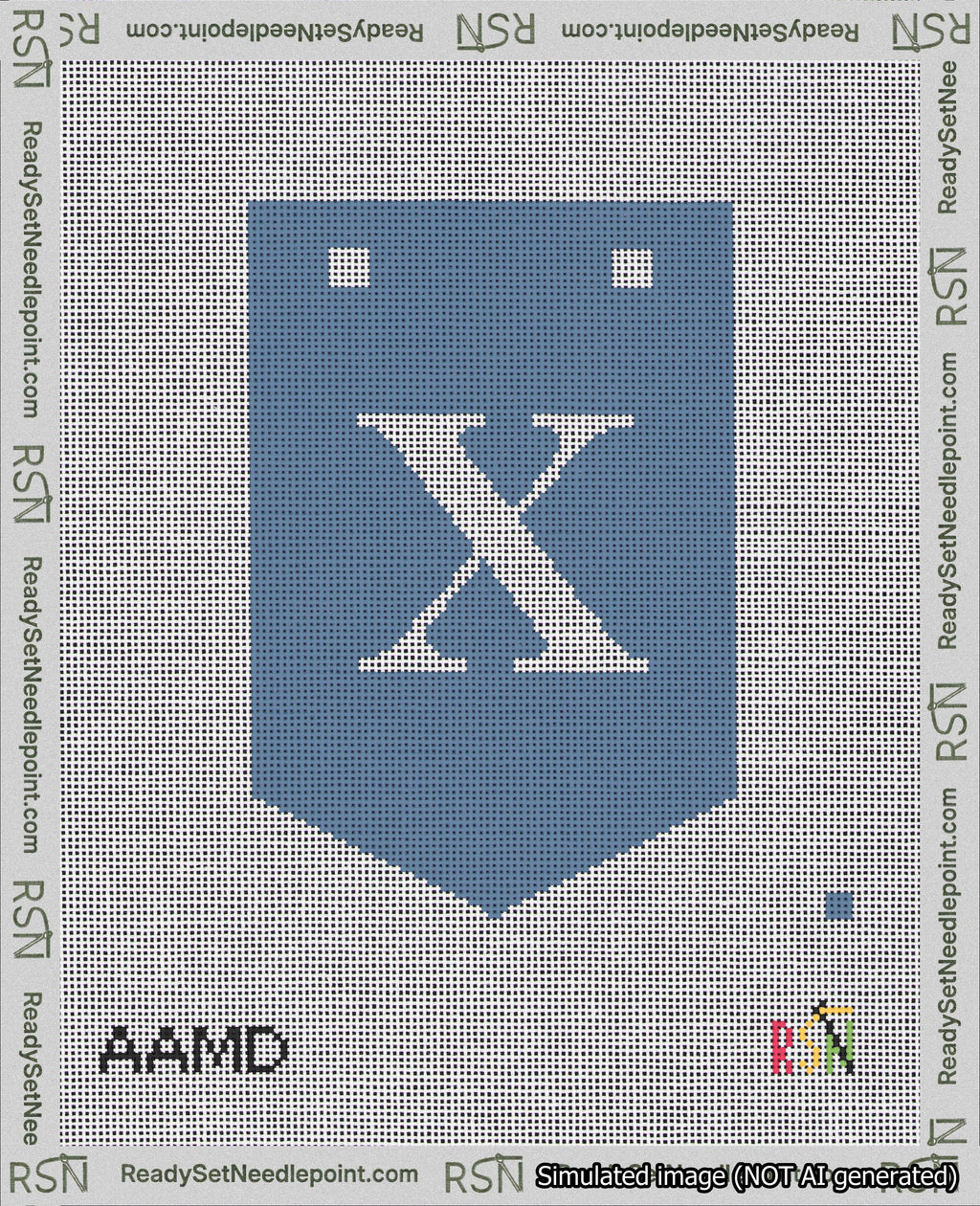 A taped needlepoint canvas with the design: Banner 18 mesh count Pointed X White on Blue.