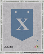 A taped needlepoint canvas with the design: Banner 18 mesh count Pointed X White on Blue.