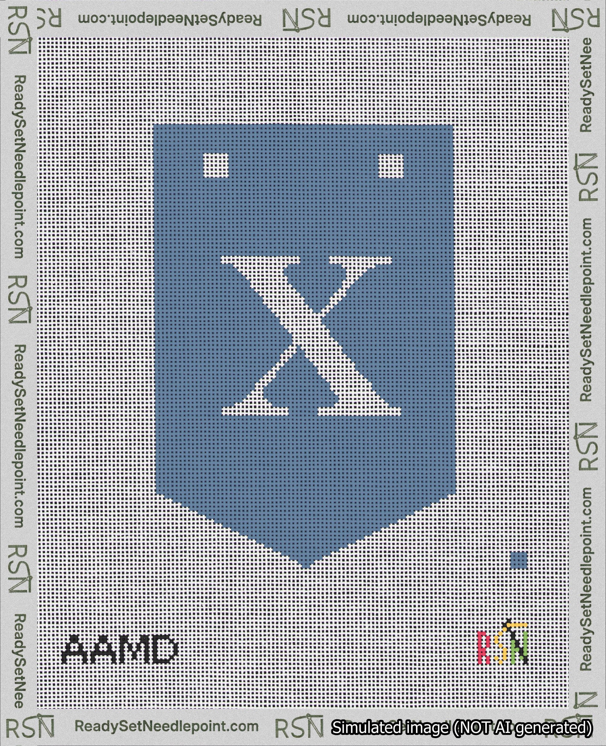 A taped needlepoint canvas with the design: Banner 18 mesh count Pointed X White on Blue.