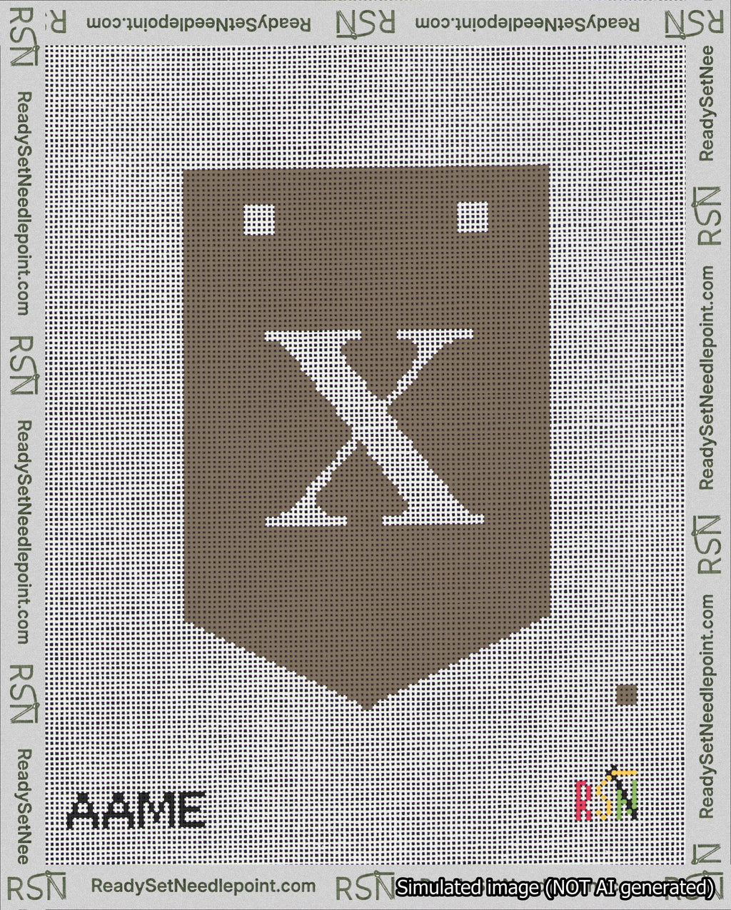 A taped needlepoint canvas with the design: Banner 18 mesh count Pointed X White on Brown.