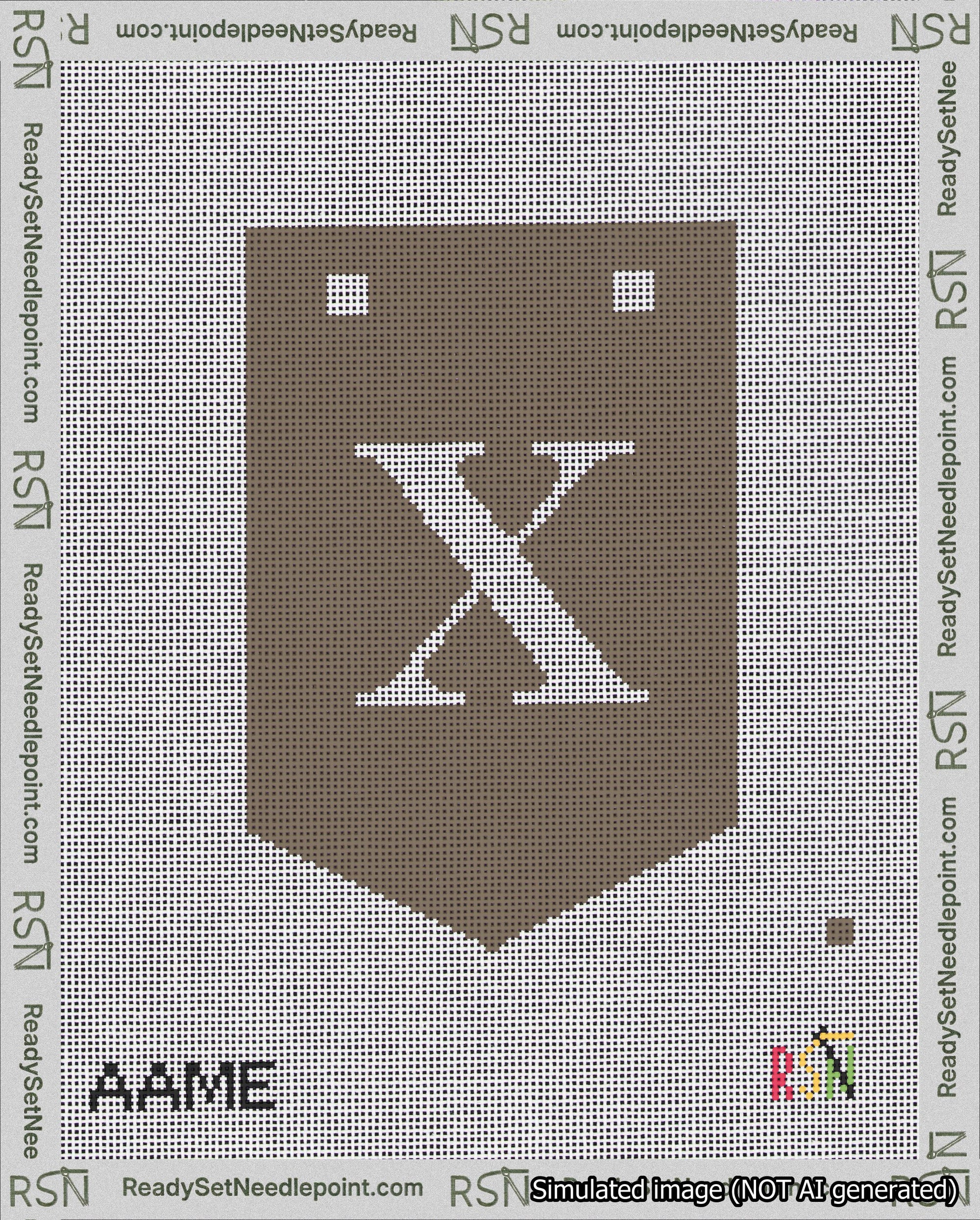 A taped needlepoint canvas with the design: Banner 18 mesh count Pointed X White on Brown.