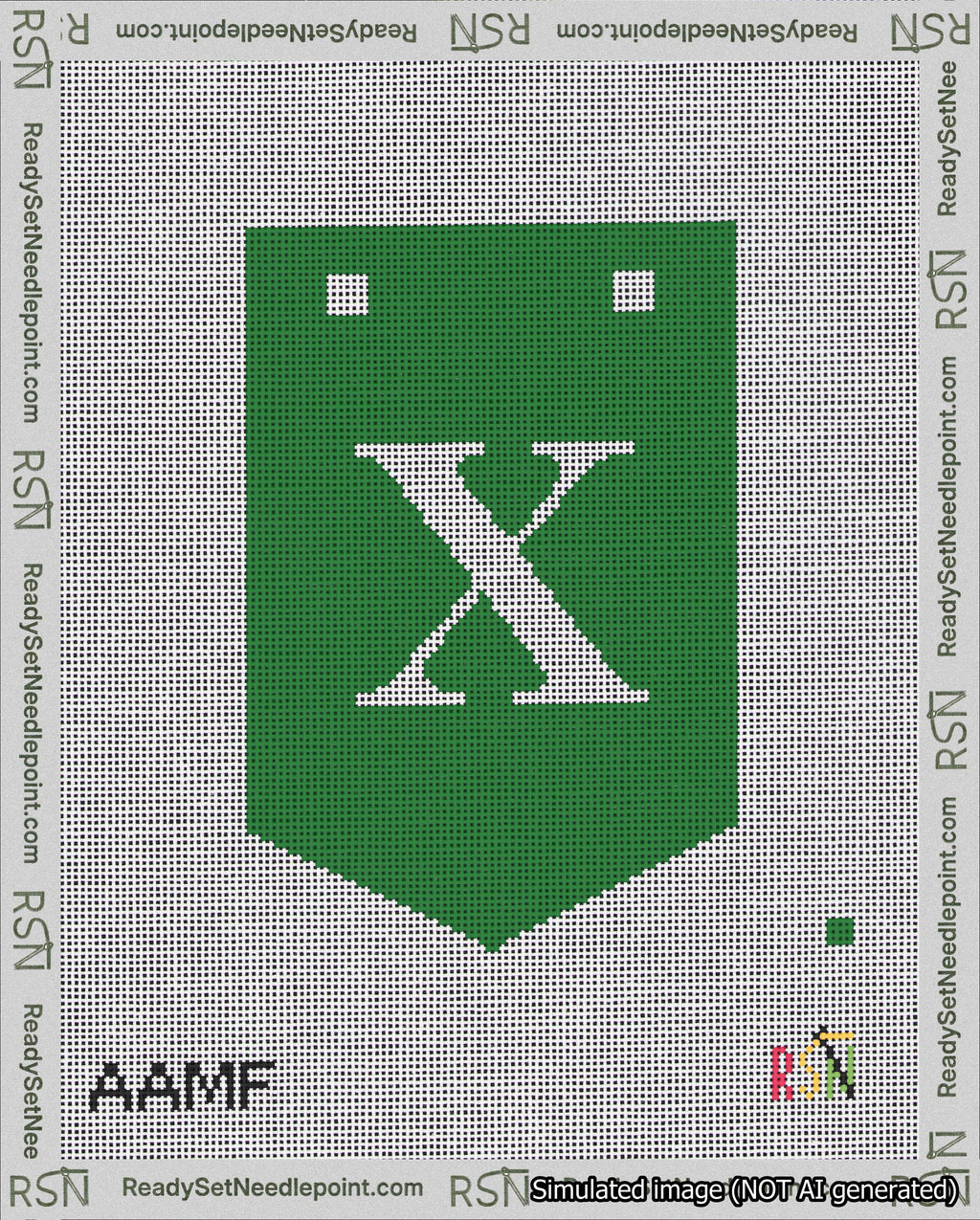 A taped needlepoint canvas with the design: Banner 18 mesh count Pointed X White on Green.