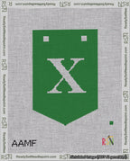A taped needlepoint canvas with the design: Banner 18 mesh count Pointed X White on Green.