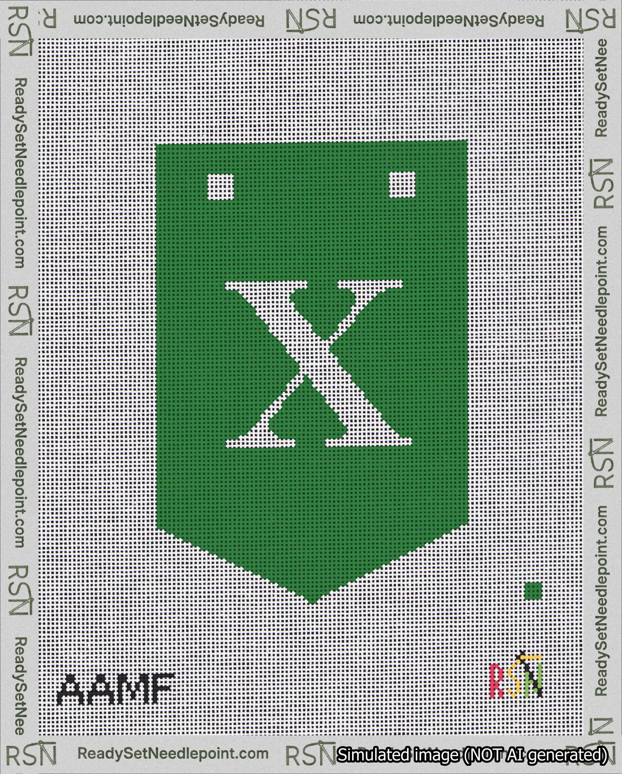 A taped needlepoint canvas with the design: Banner 18 mesh count Pointed X White on Green.