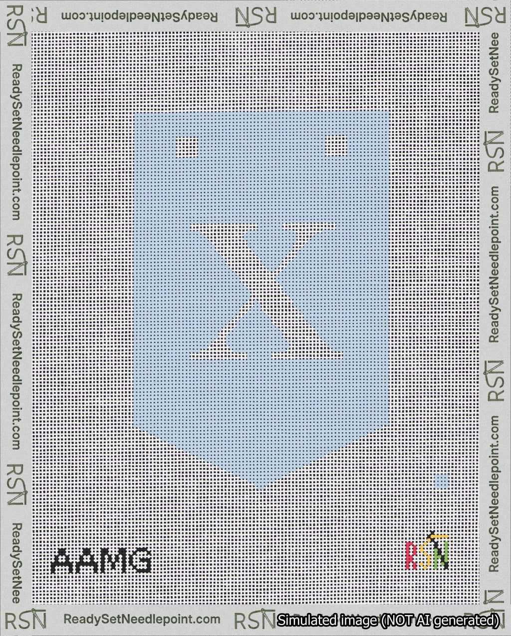 A taped needlepoint canvas with the design: Banner 18 mesh count Pointed X White on Light Blue.