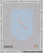 A taped needlepoint canvas with the design: Banner 18 mesh count Pointed X White on Light Blue.