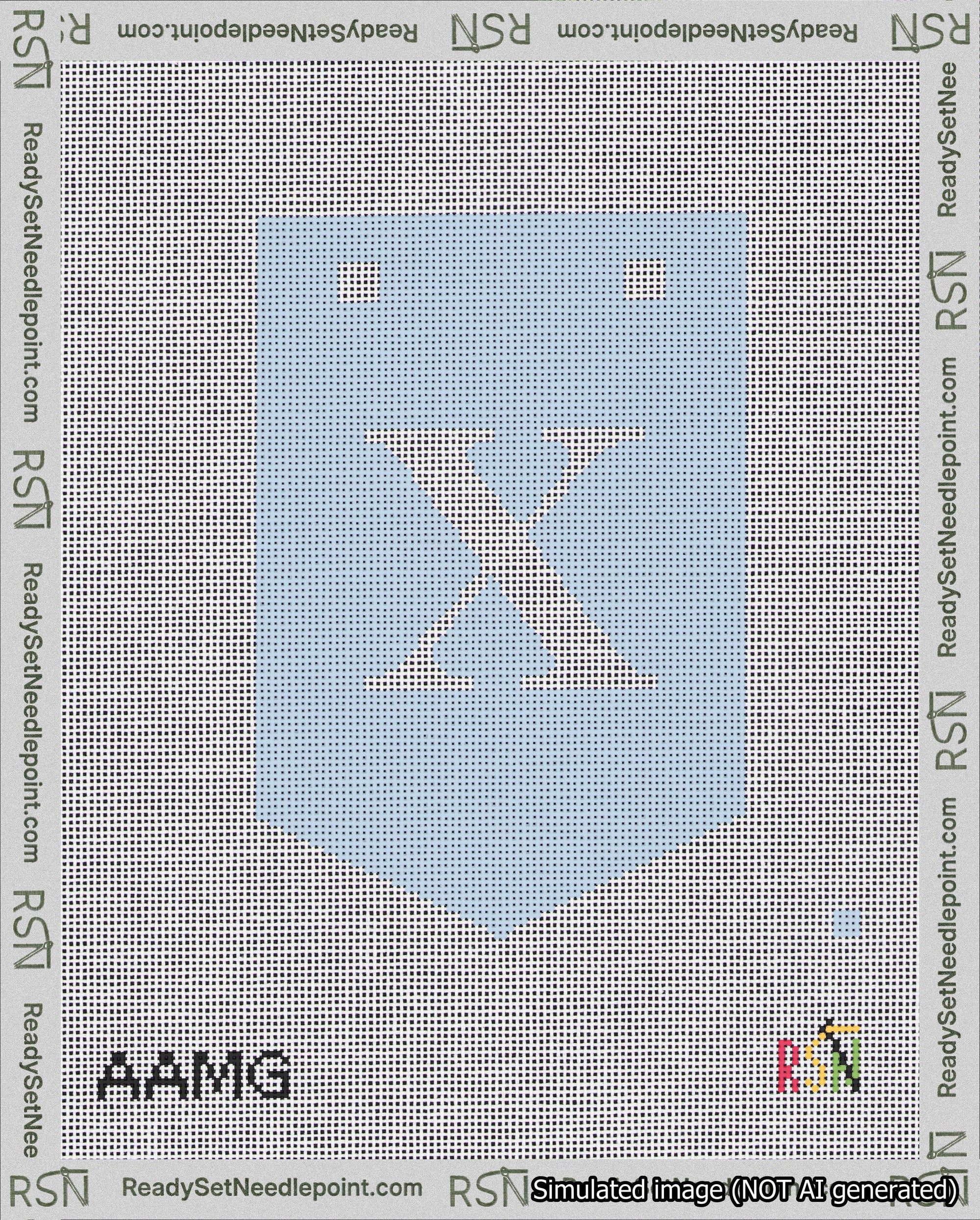 A taped needlepoint canvas with the design: Banner 18 mesh count Pointed X White on Light Blue.