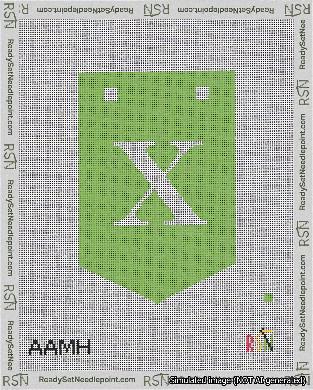 A taped needlepoint canvas with the design: Banner 18 mesh count Pointed X White on Light Green.