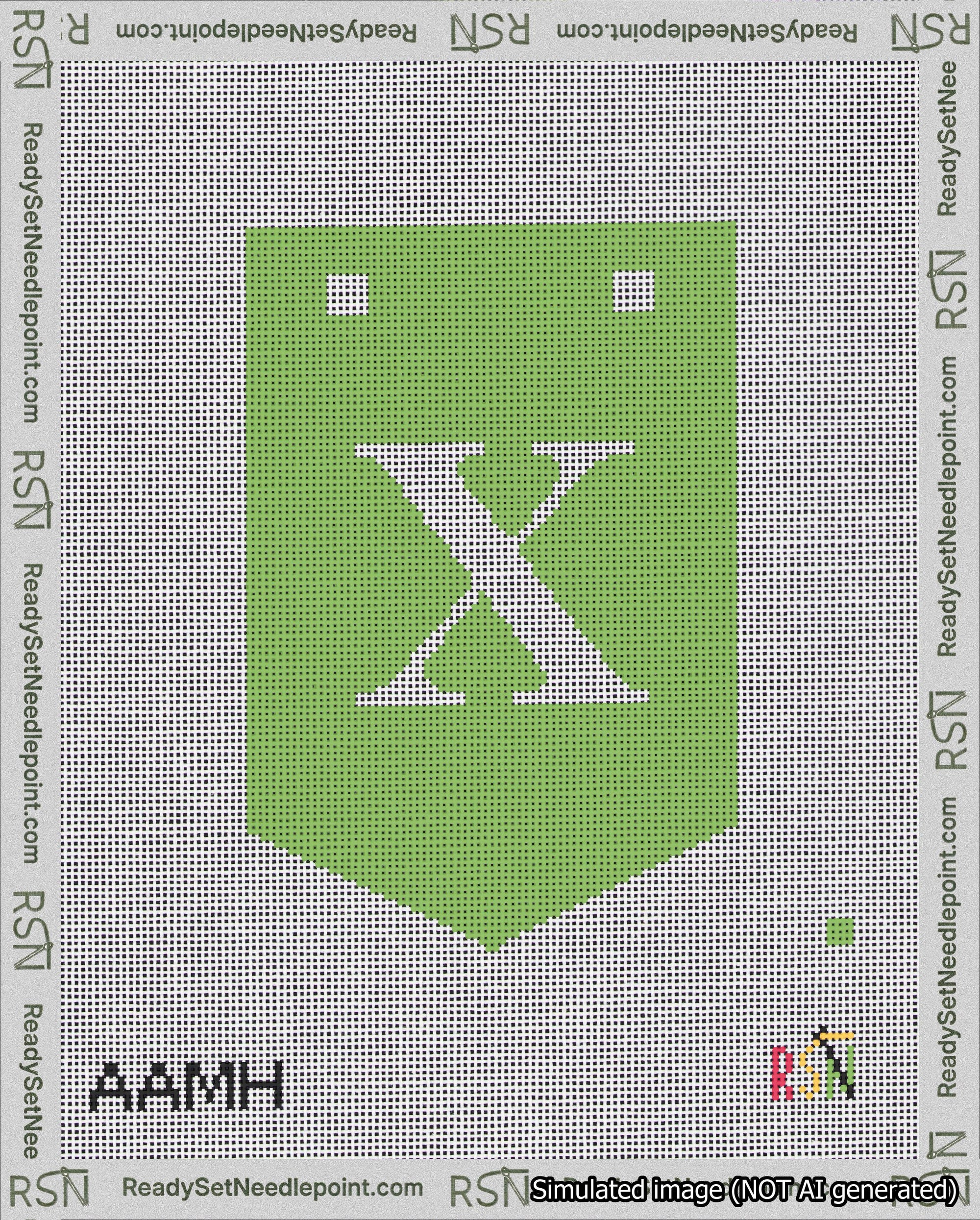 A taped needlepoint canvas with the design: Banner 18 mesh count Pointed X White on Light Green.