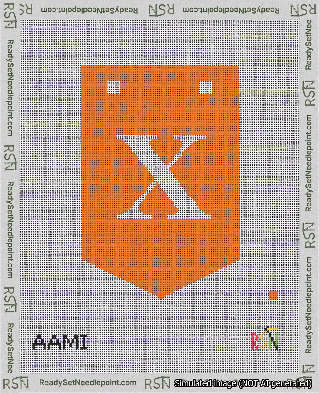 A taped needlepoint canvas with the design: Banner 18 mesh count Pointed X White on Orange.