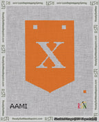 A taped needlepoint canvas with the design: Banner 18 mesh count Pointed X White on Orange.