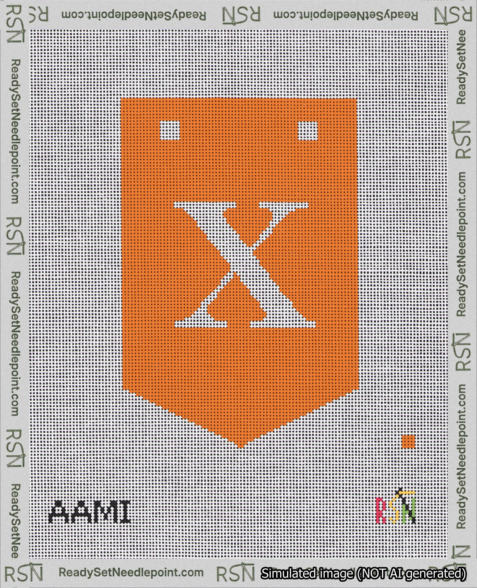 A taped needlepoint canvas with the design: Banner 18 mesh count Pointed X White on Orange.