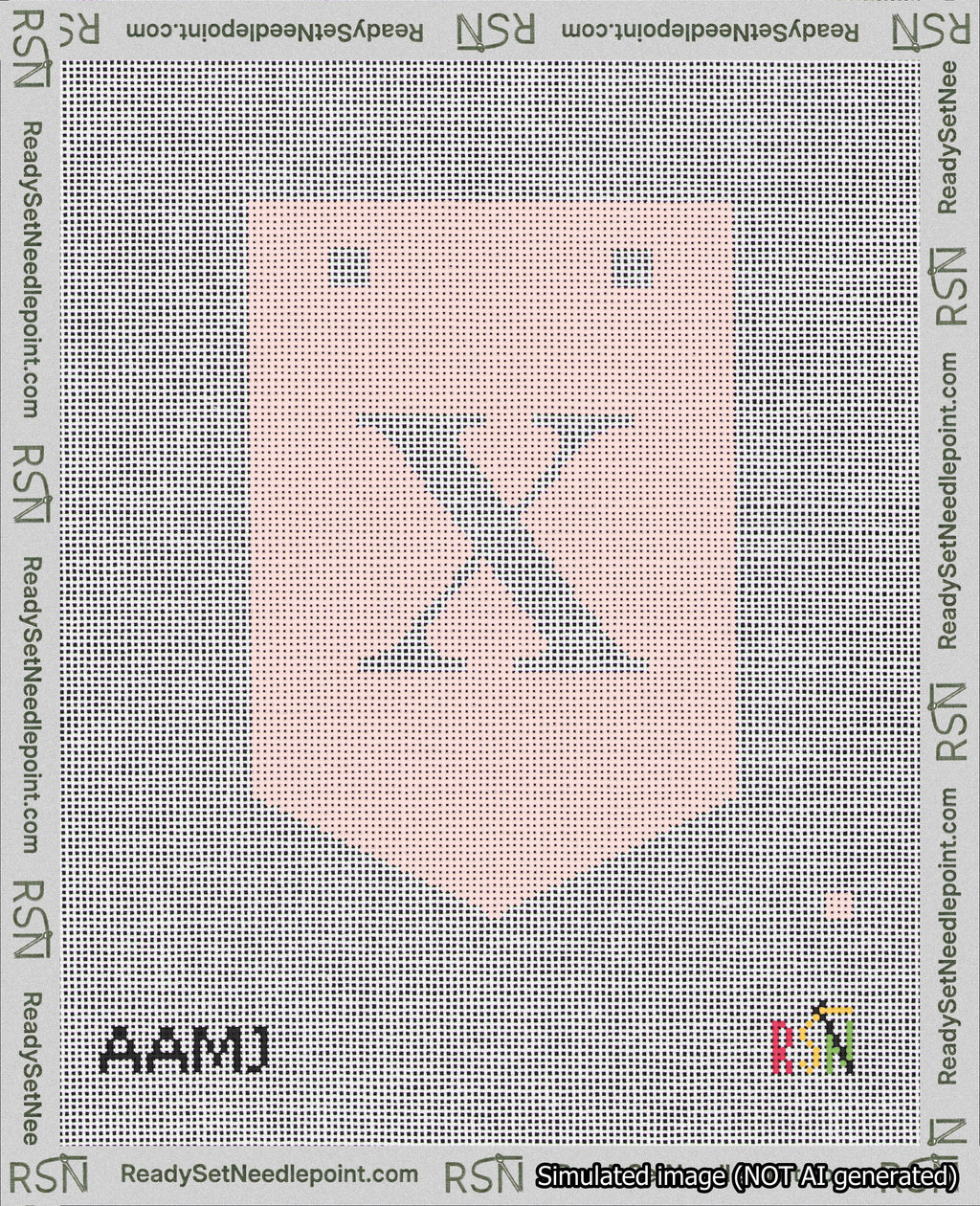 A taped needlepoint canvas with the design: Banner 18 mesh count Pointed X White on Pink.