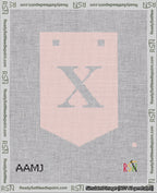 A taped needlepoint canvas with the design: Banner 18 mesh count Pointed X White on Pink.
