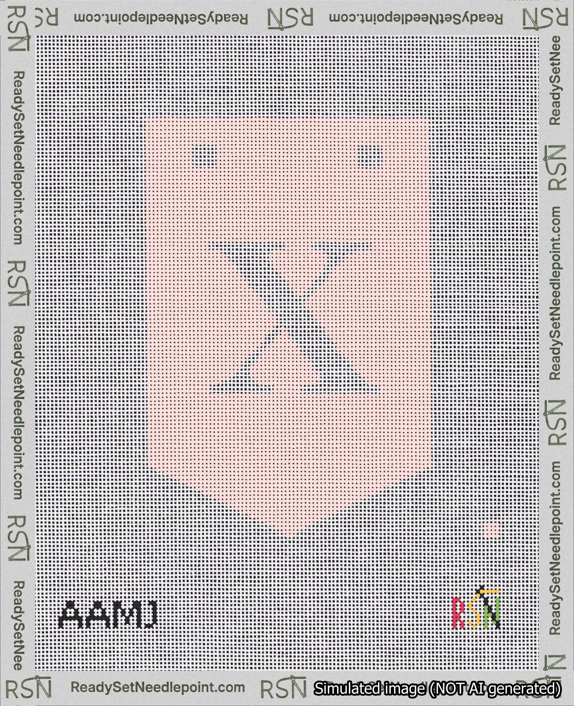 A taped needlepoint canvas with the design: Banner 18 mesh count Pointed X White on Pink.