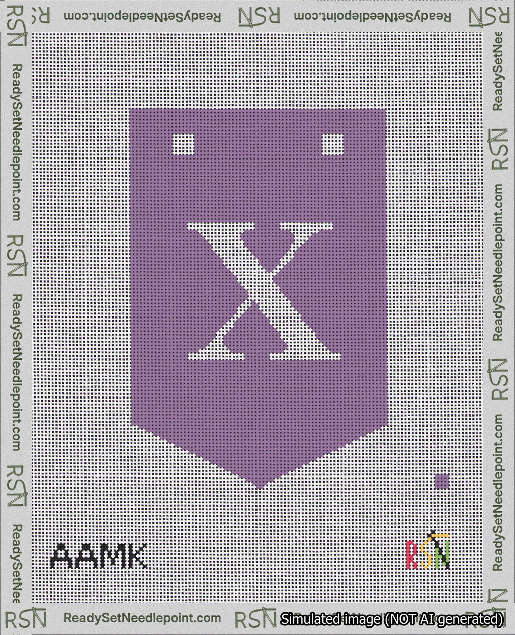 A taped needlepoint canvas with the design: Banner 18 mesh count Pointed X White on Purple.